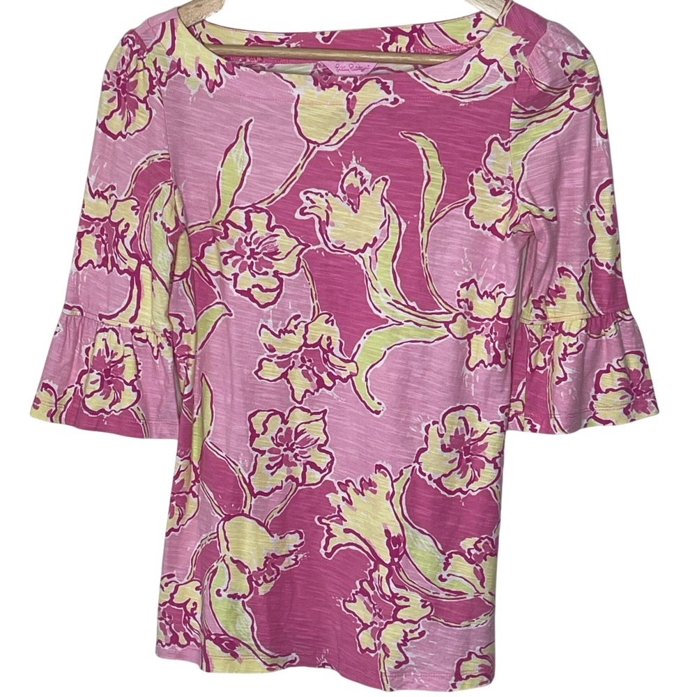 Lilly Pulitzer Womens XS‎ Bell Sleeve Floral Print Pink Yellow Cotton Top